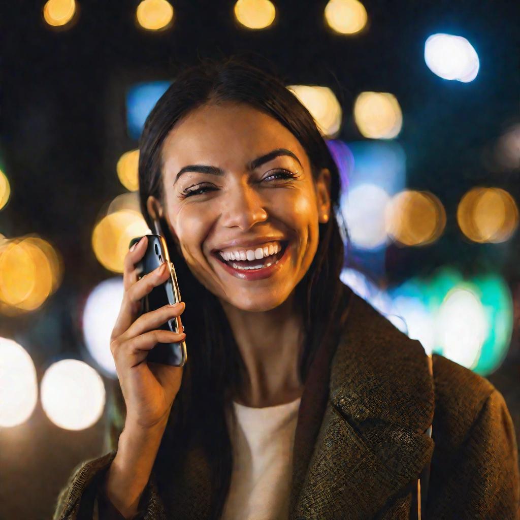 Женщина, улыбающаяся во время разговора по смартфону ночью на улице