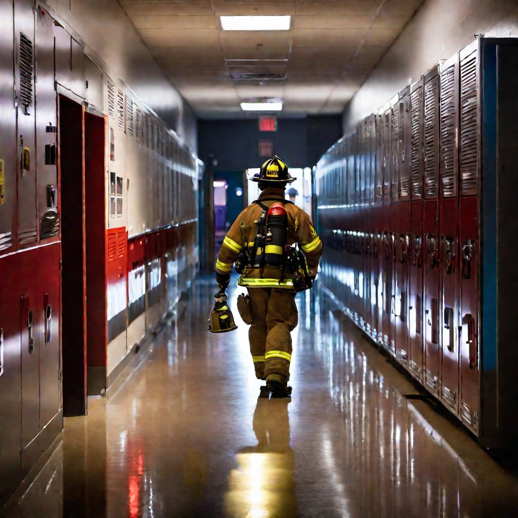 Пожарный на учении в школе