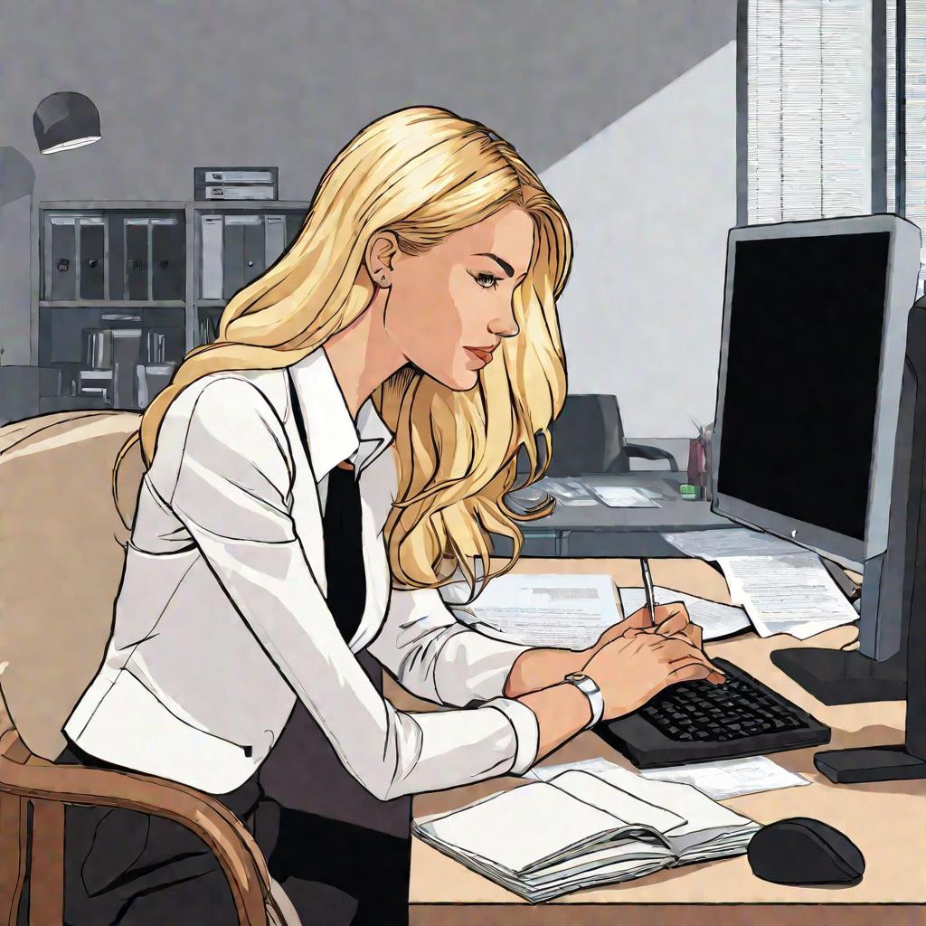 Молодая женщина сидит за столом и заполняет электронную анкету на компьютере в офисе.