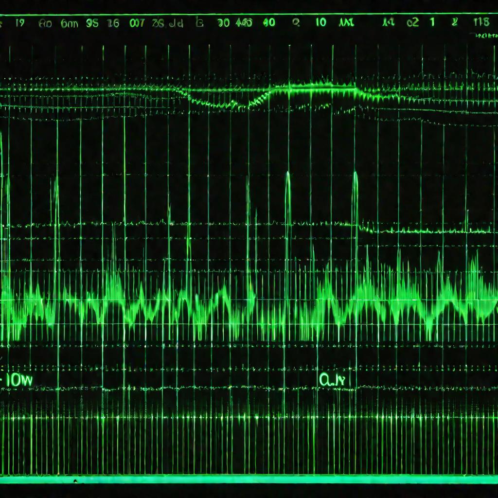 Крупный план экрана осциллографа, на котором видна сложная извивающаяся форма волны во время настройки терменвокса. Светящаяся зеленая форма волны на черном фоне. На экране много мелких деталей и точек. Свечение слегка освещает темную комнату.