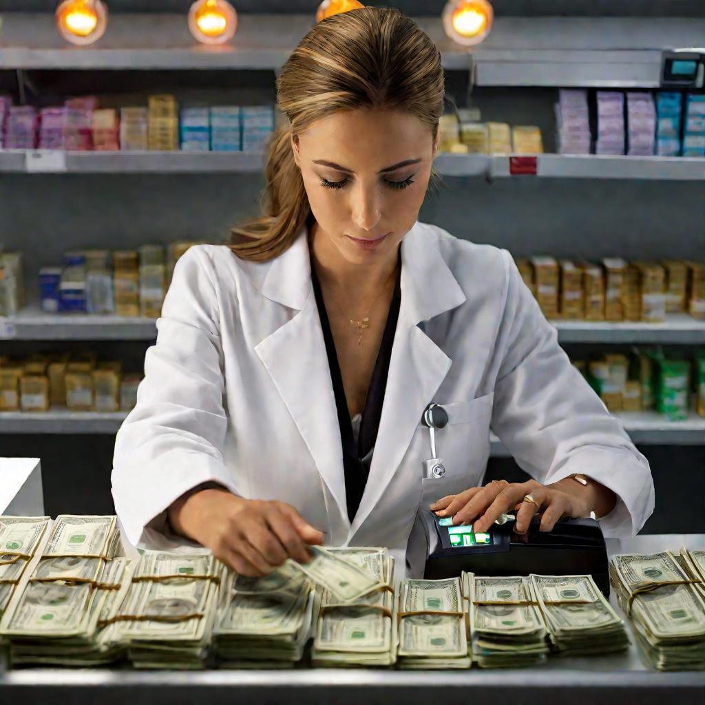 Женщина-кассир в аптеке, считающая деньги