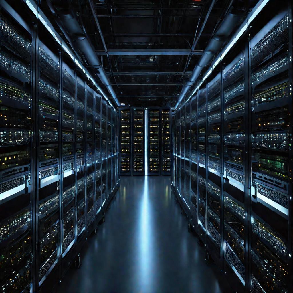 Темный серверный зал с рядами серверов