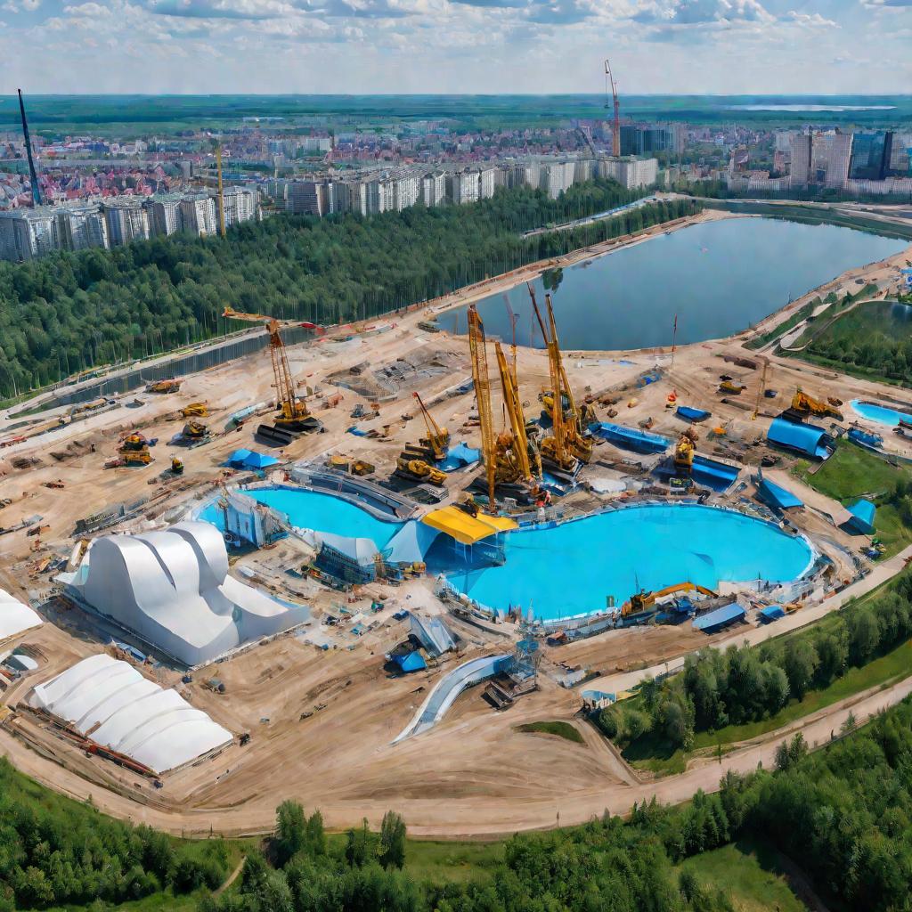 Панорамный вид сверху на строящийся аквапарк в Нижнем Новгороде