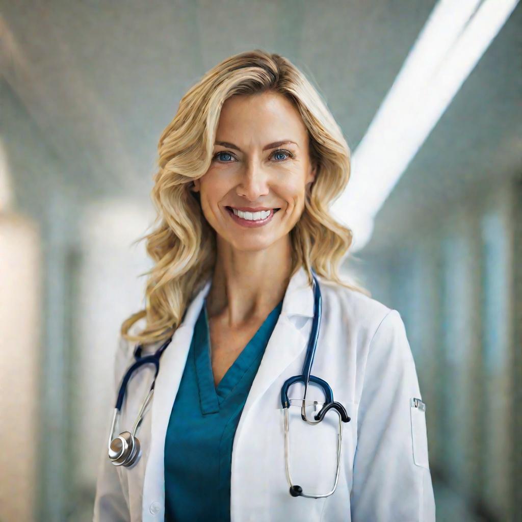 Портрет улыбающейся женщины-врача в белом халате в коридоре больницы
