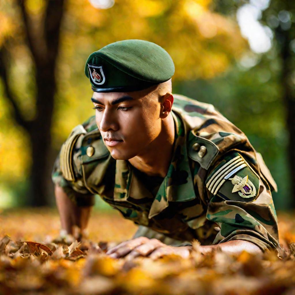 Фотография солдата в камуфляже, идеально демонстрирующего правильную технику выполнения армейской пружины на природе.