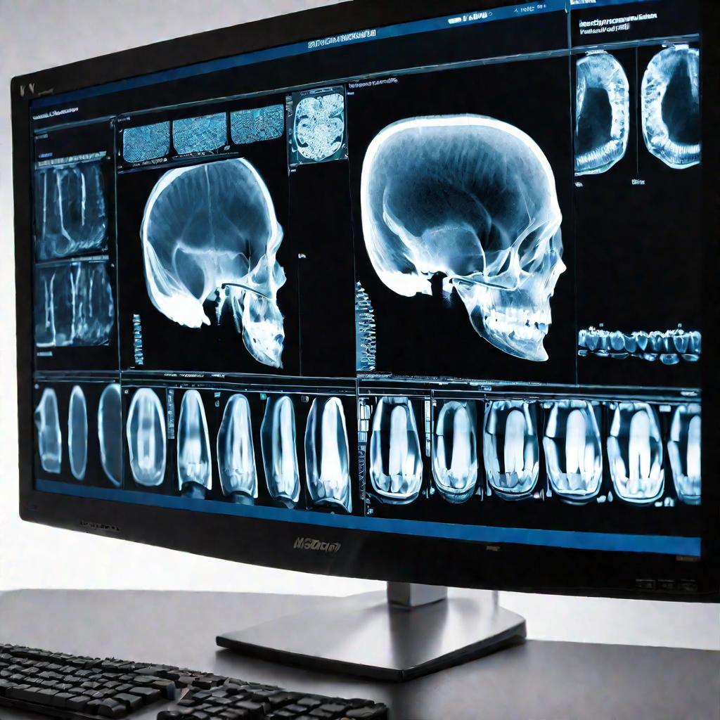 Монитор с четким панорамным снимком зубов пациента