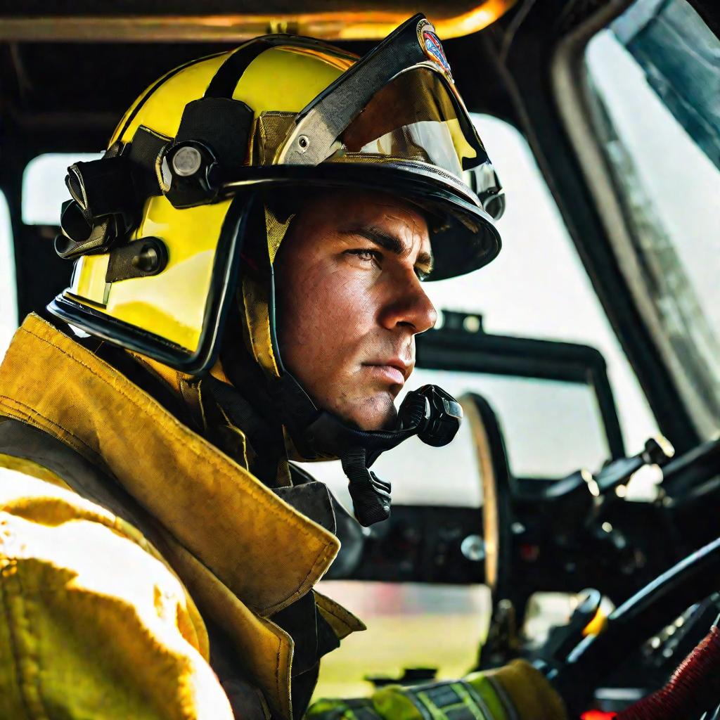 Портрет водителя аэродромного пожарного автомобиля за рулем.