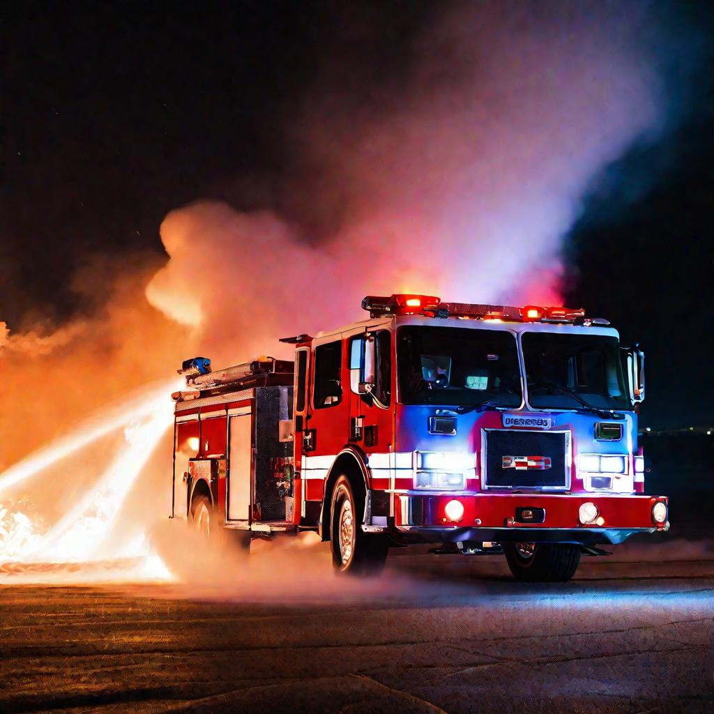 Ночное тушение горящего самолета аэродромным пожарным автомобилем.