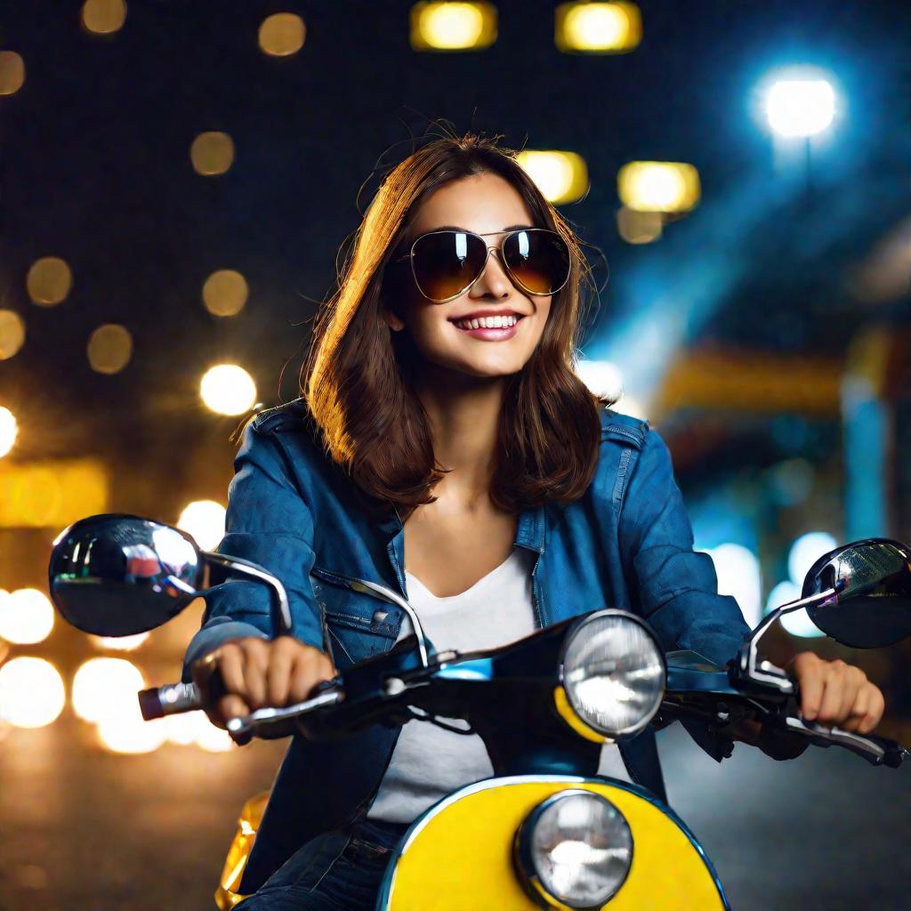 Девушка в желтом шлеме счастливо улыбается, сидя на синем мотороллере