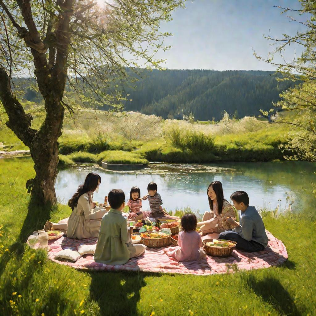 Семьи на пикнике на лугу перед Горячим ключом весной