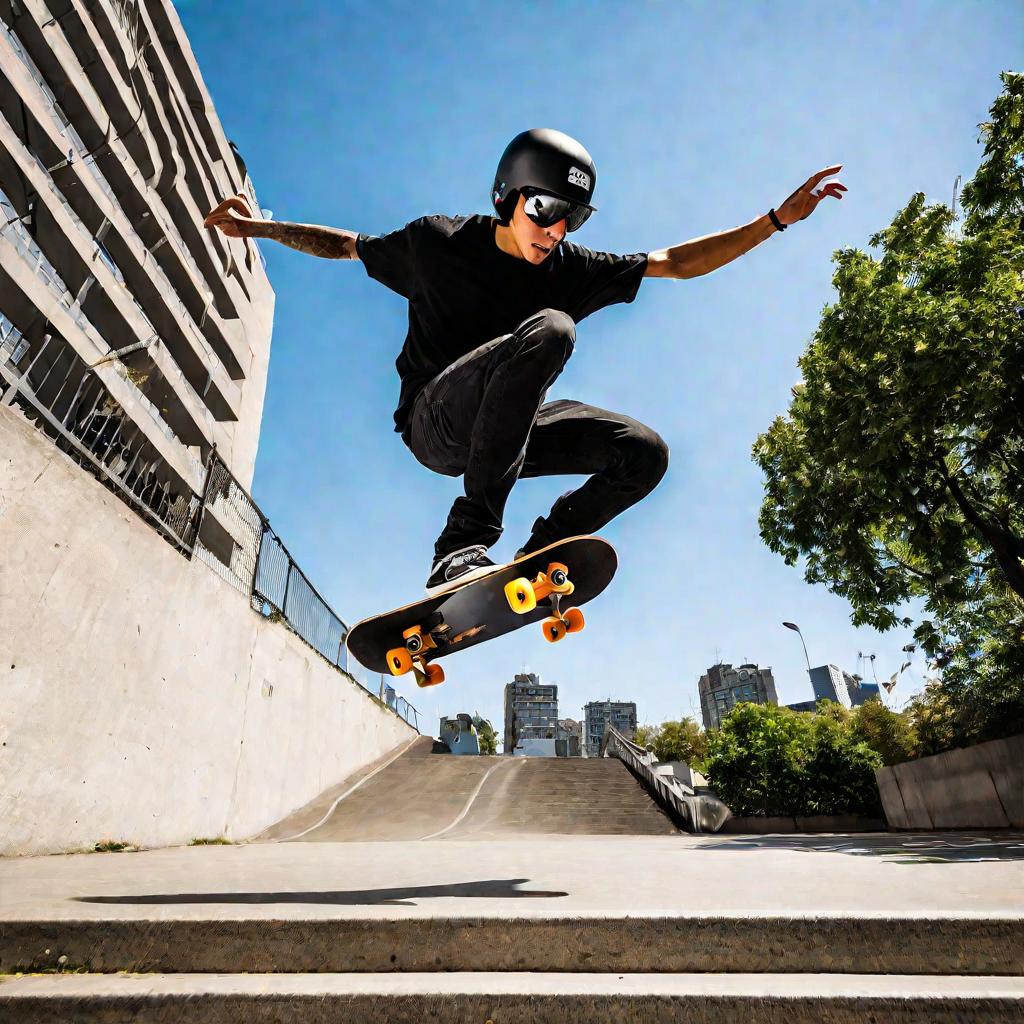 Скейтбордист делает трюк кикфлип с лестницы на фоне города. Снято снизу вверх, подчеркивая высоту прыжка.