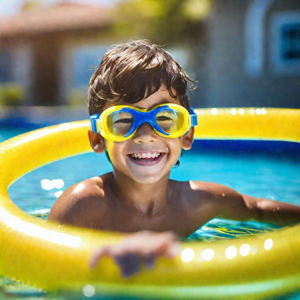 Портрет улыбающегося мальчика в очках для плавания с нудлсом в бассейне.