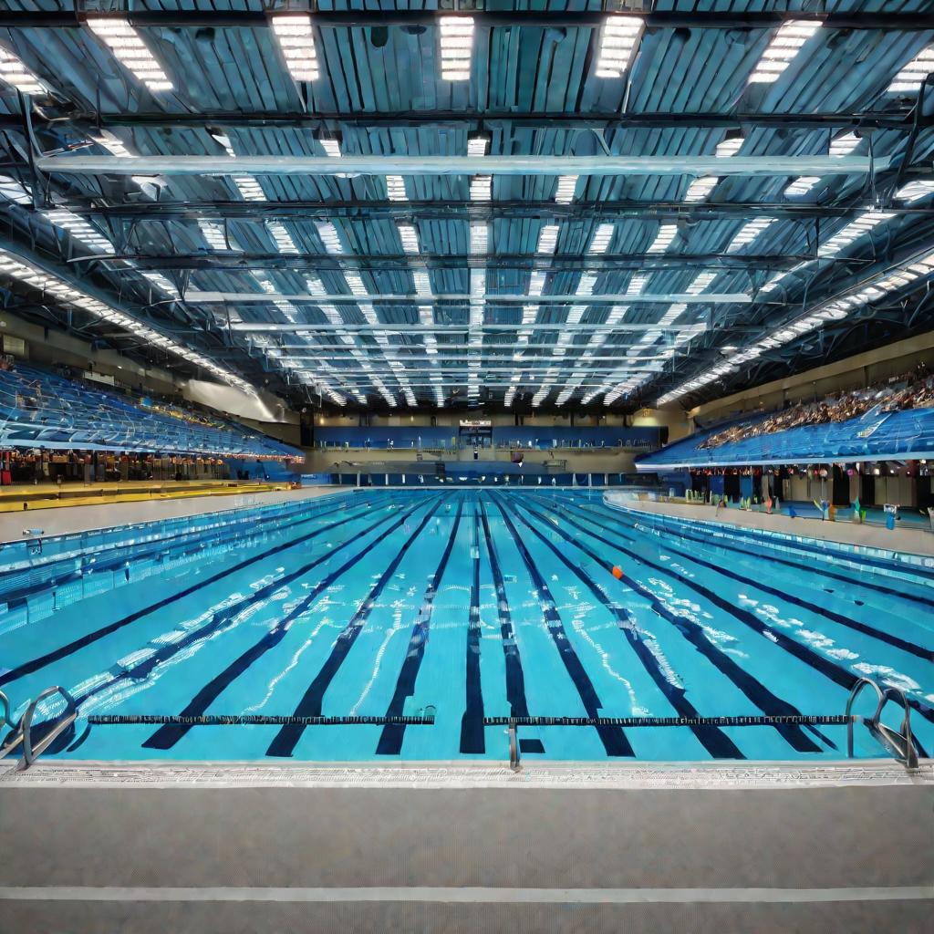 Вид изнутри на олимпийский бассейн со стартовыми тумбами и трибунами для зрителей.