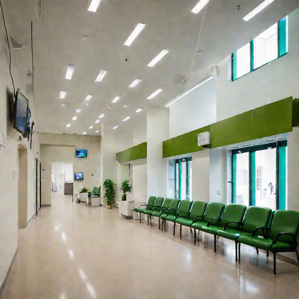 Широкий обзорный кадр просторного холла ожидания поликлиники с сидящими на стульях пациентами.