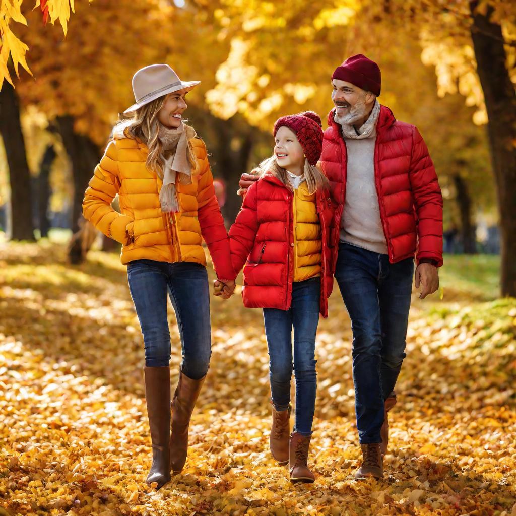 Семья гуляет по Липовому парку осенью