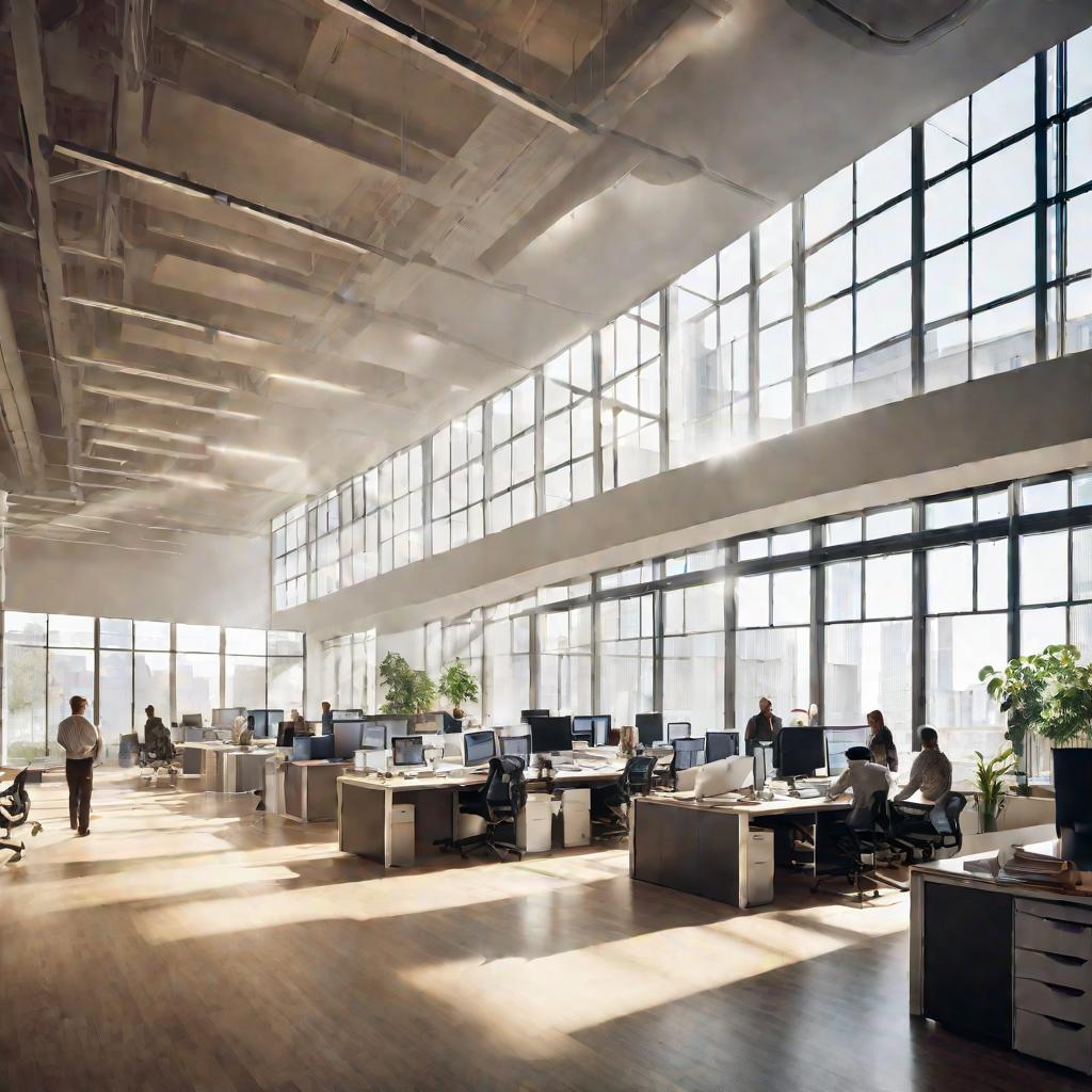 Интерьер современного офиса с открытой планировкой. Инженеры и архитекторы совместно работают за компьютерами и чертежами. Солнечный свет льется сквозь большие окна. Атмосфера светлая, упорядоченная и сосредоточенная.