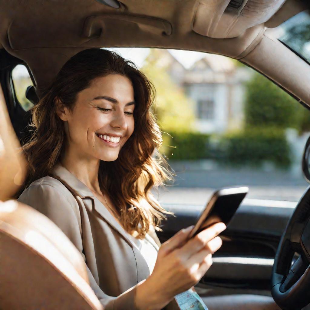 Крупный план женщины с улыбкой смотрит в смартфон с картой и маршрутом в приложении, сидя за рулем припаркованного автомобиля в солнечный весенний день.