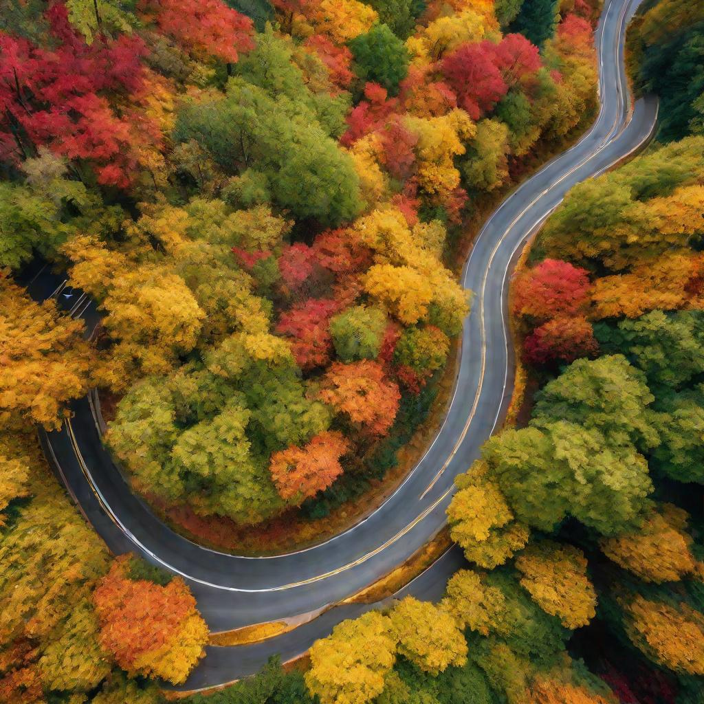 С высоты вид на извилистую двухполосную дорогу через яркий осенний лес с желтыми, оранжевыми и красными листьями на деревьях по обе стороны и вдали виднеются горы.