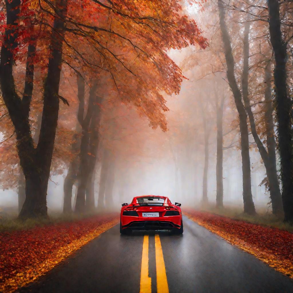 Вид снизу на красный спортивный автомобиль, едущий по пустой туманной лесной дороге ранним осенним утром. Фары машины ярко светят сквозь туман. Дорога уходит далеко вперед в красочный лесной пейзаж.