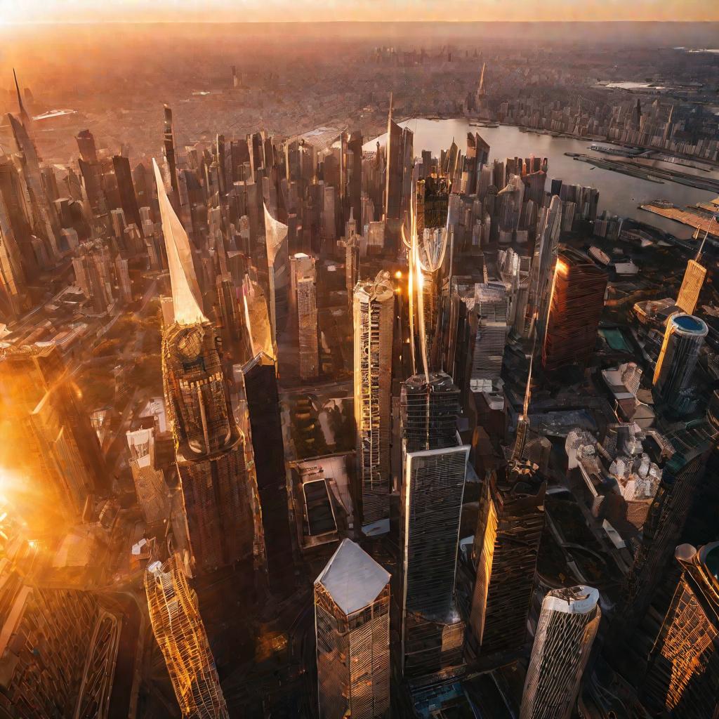 Вид на небоскребы города во время золотого часа.