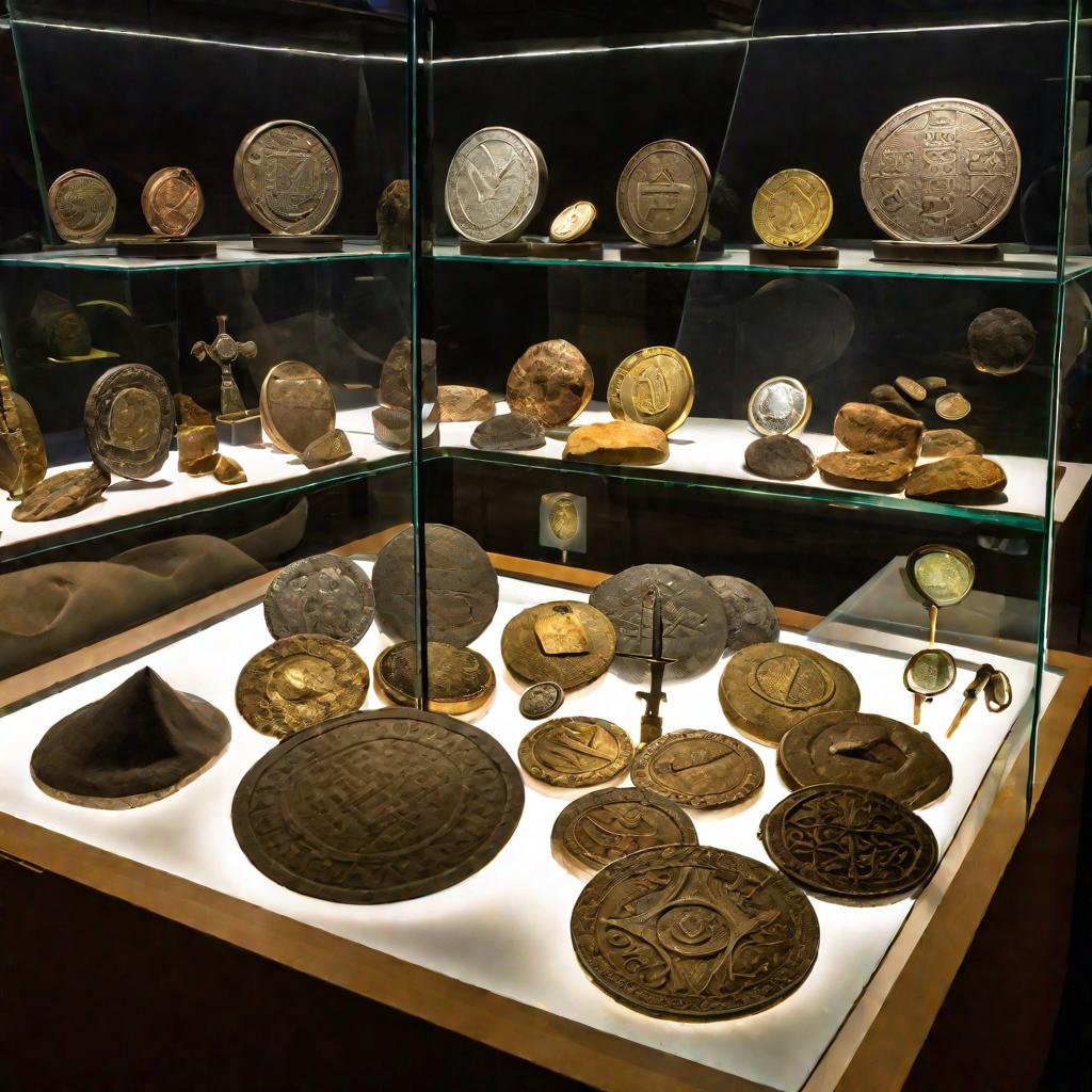 Мягко освещенная музейная витрина с монетами и артефактами эпохи викингов