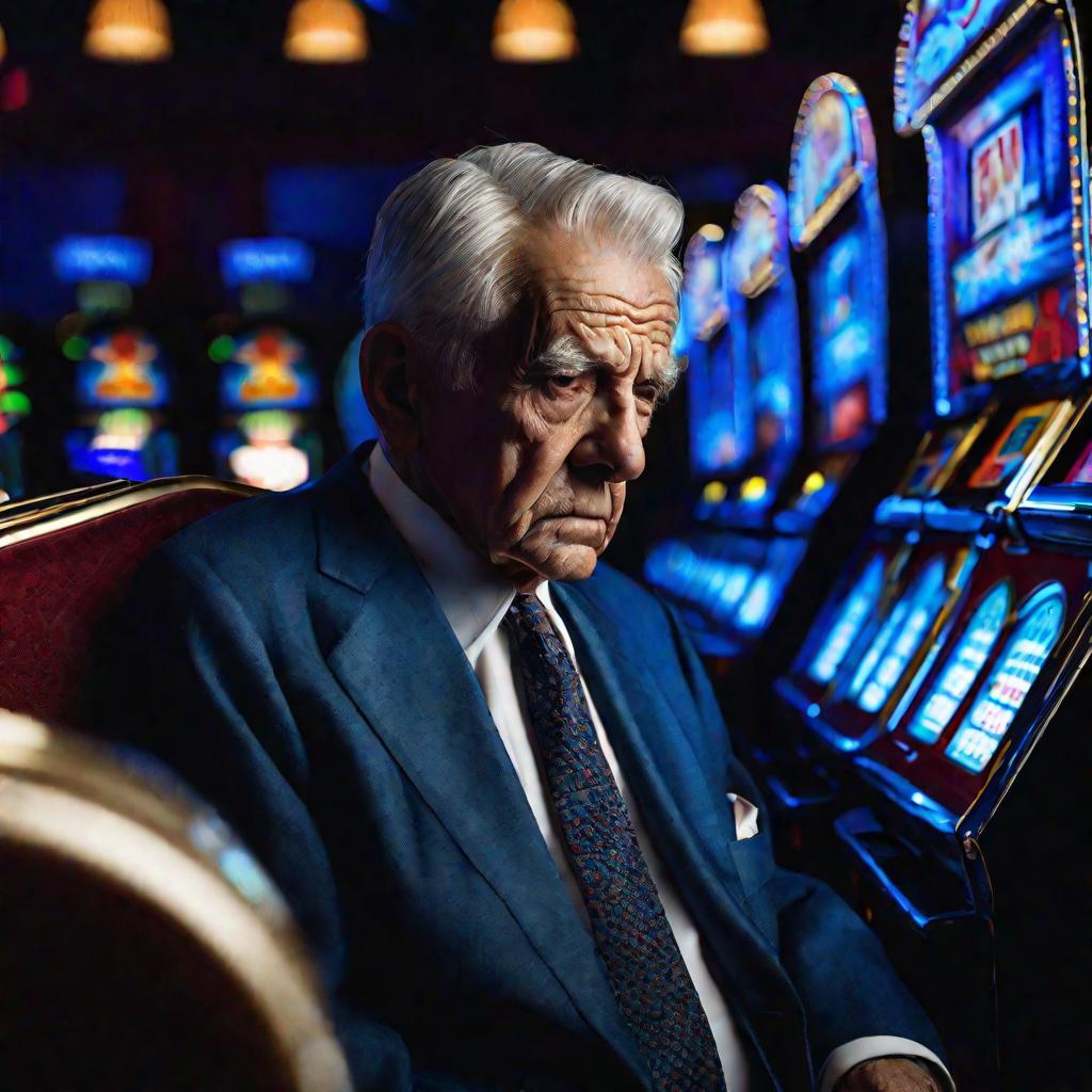 Портрет пожилого мужчины за игровым автоматом ночью