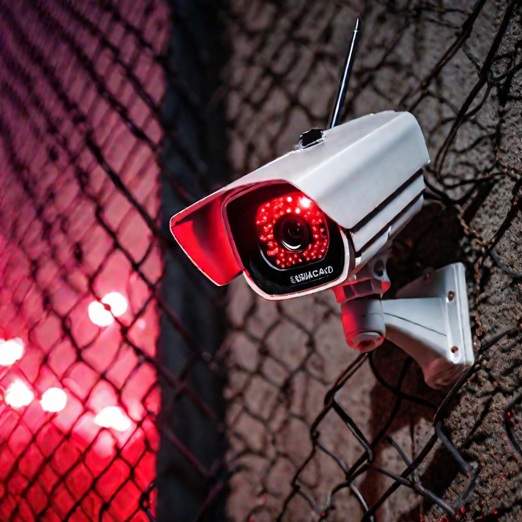 Крупным планом внешняя камера видеонаблюдения, закрепленная на бетонной стене ночью.