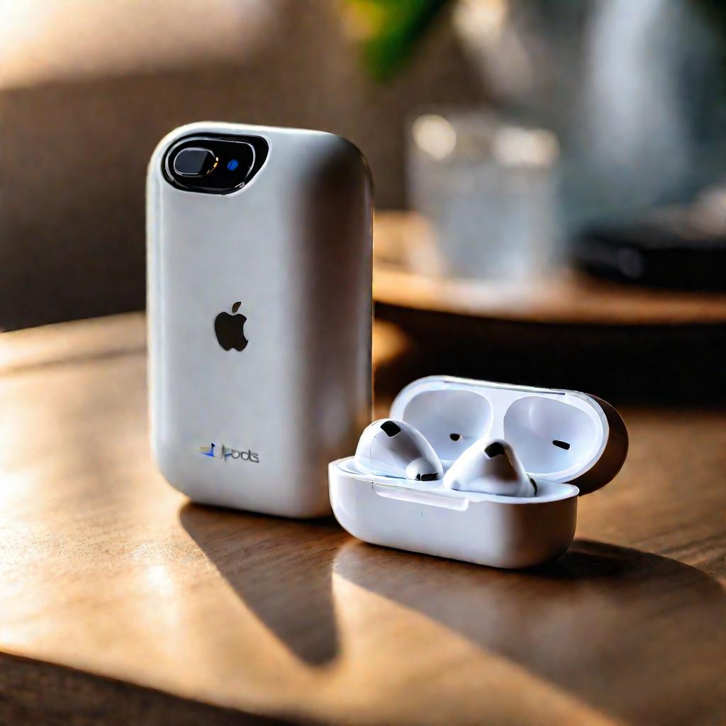 Наушники AirPods и iPhone на деревянной поверхности