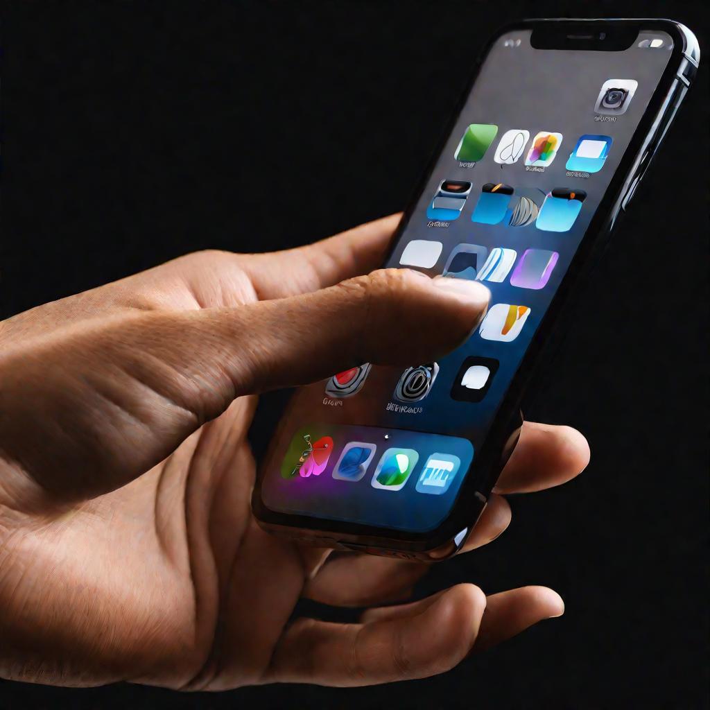Рука человека прикасается к сенсорной кнопке домой на экране нового айфона на черном фоне снизу вверх