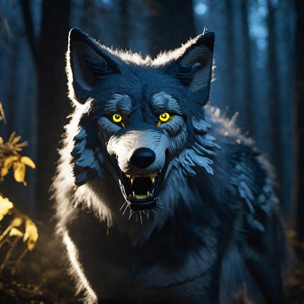 Портрет коварного серого волка в лесу ночью