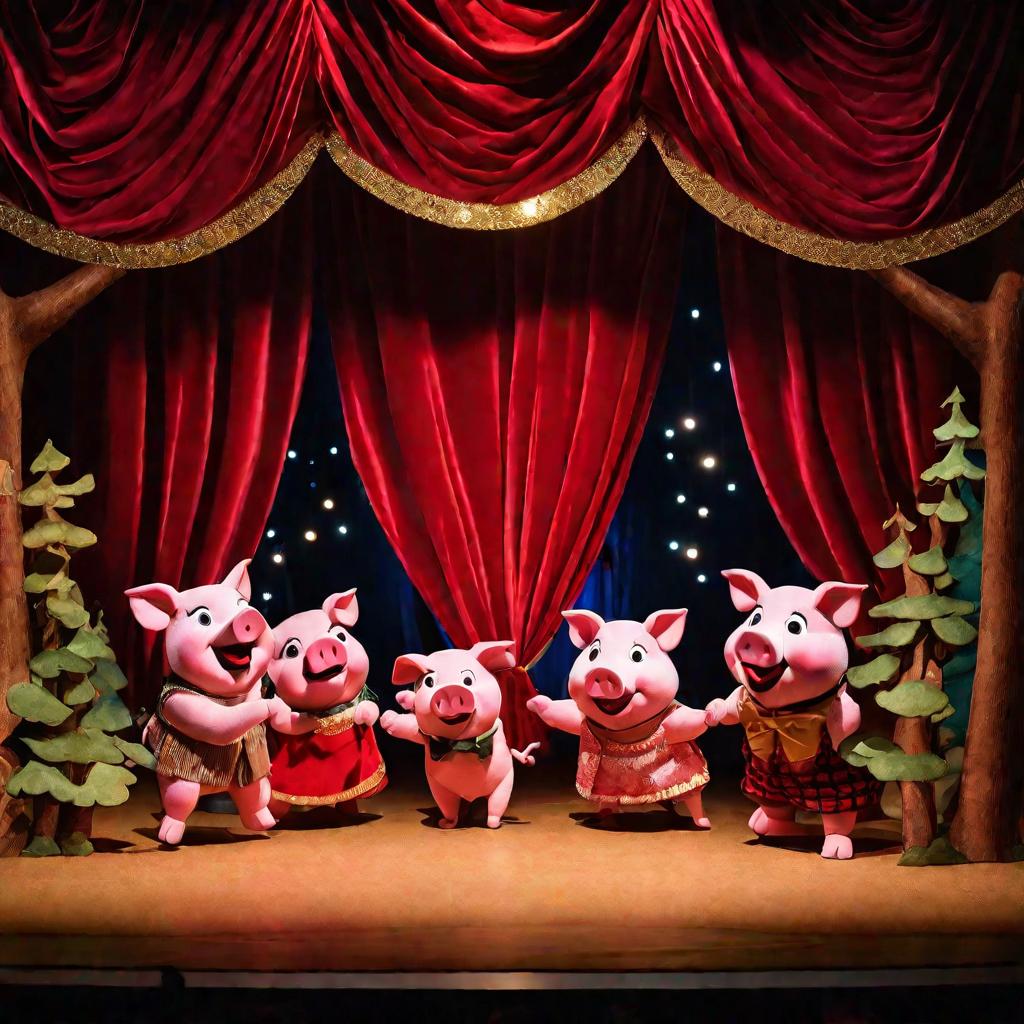 Три поросенка танцуют и поют на сцене кукольного театра