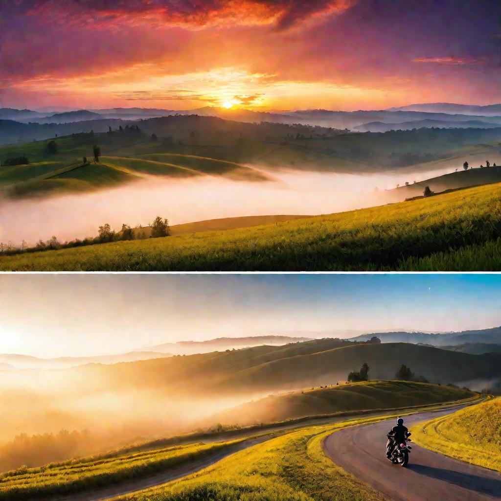 Мотоциклист в тумане на рассвете