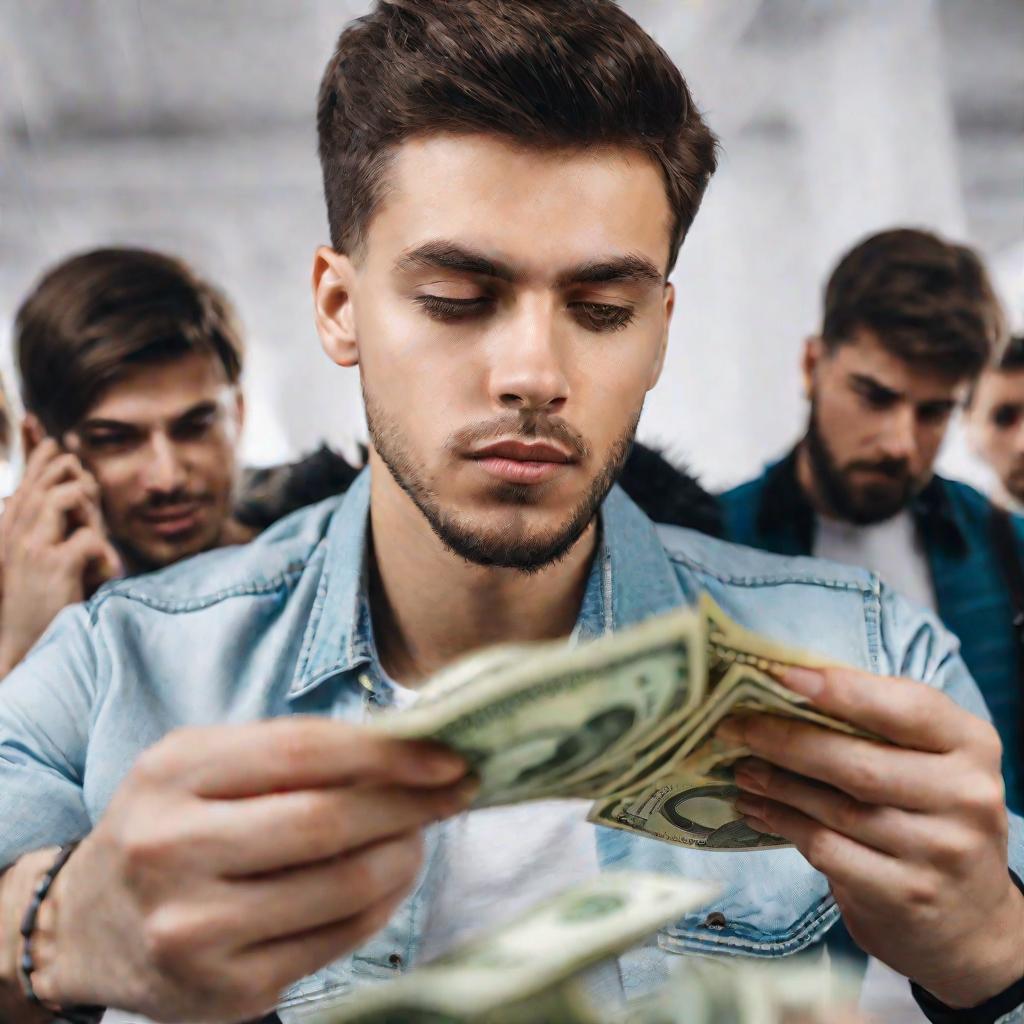 Крупный портрет молодого человека, считающего стопку российских рублей, только что обменянных.