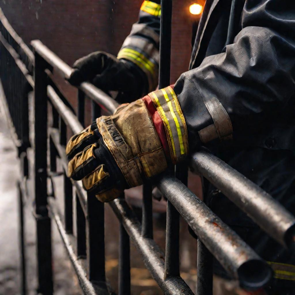 Рука пожарного держится за поручень пожарной лестницы во время эвакуации.