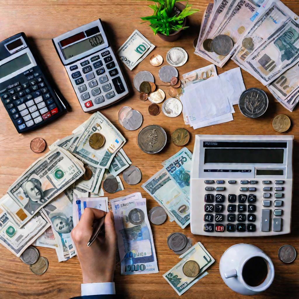 Вид сверху на беспорядочный рабочий стол в банке с расчетами валютных курсов.