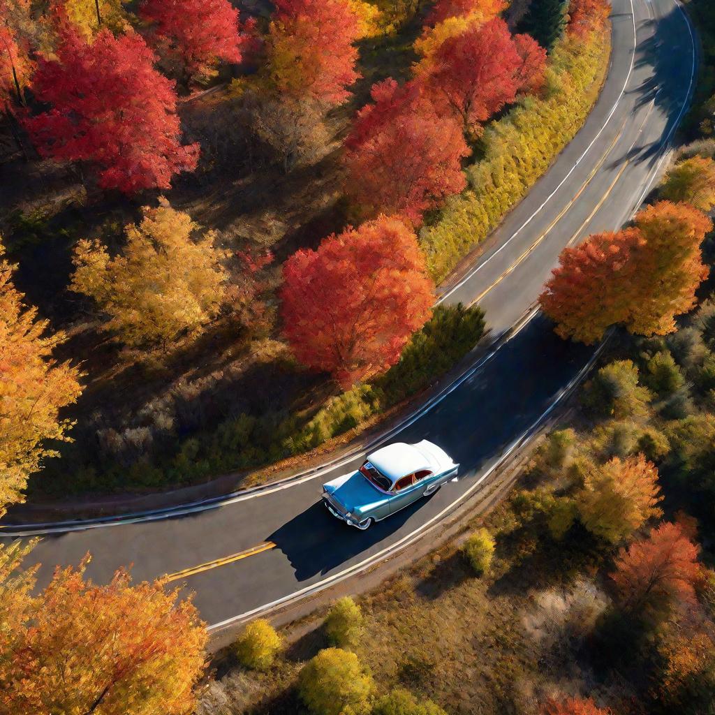 Вид сверху на извилистую сельскую дорогу и классический автомобиль с поднятым капотом, владелец смотрит в моторный отсек, день солнечный, осенние деревья