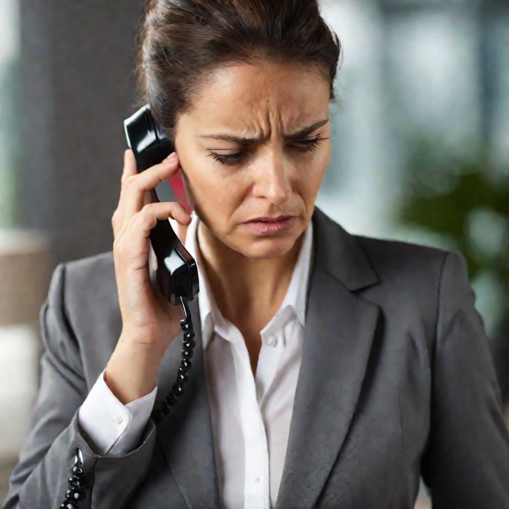 Портрет встревоженной деловой женщины, срочно разговаривающей по телефону