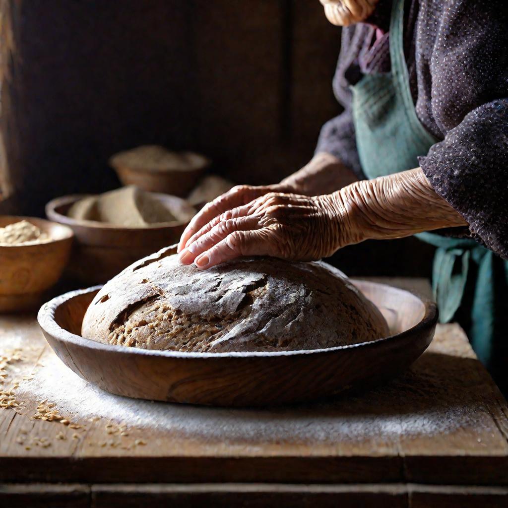 Руки пожилой женщины, месящие тесто для ситного хлеба