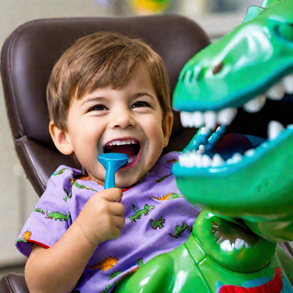 Крупный план: очаровательный трехлетний мальчик счастливо улыбается с открытым ртом, в который вставлен голубой ротовой распородитель. Мальчик с коричневыми волосами в зеленой пижаме с динозаврами лежит в красном стоматологическом кресле. Руки стоматолога