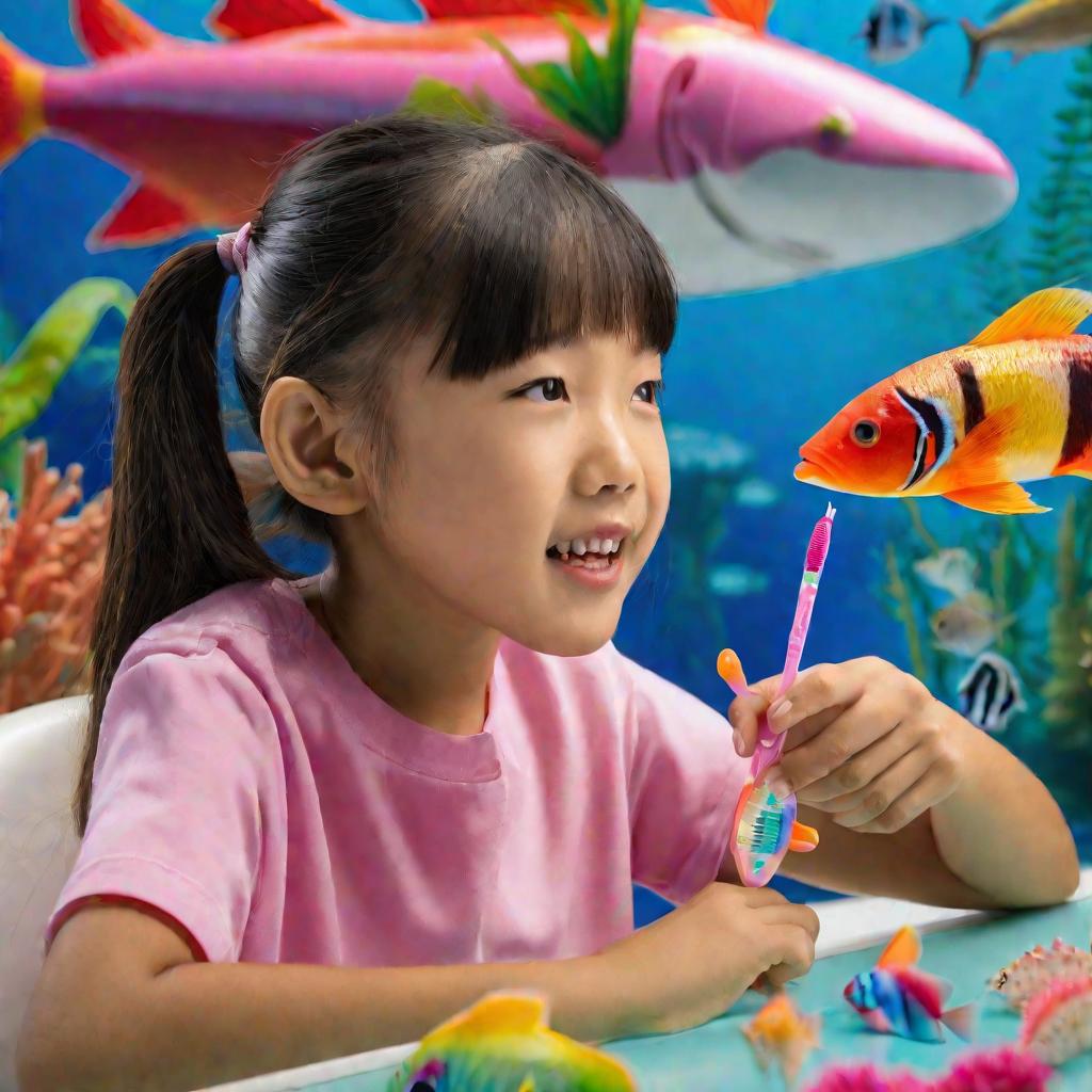 Средний план: задумчивая азиатская школьница в розовой футболке внимательно наблюдает, как стоматолог демонстрирует правильную технику чистки зубов на муляже зубов и десен. Девочка сидит в стоматологическом кресле на фоне яркой настенной росписи с тропиче