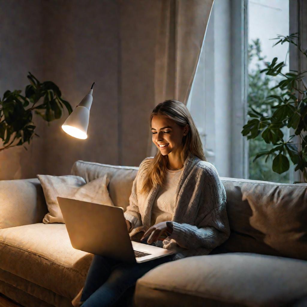 Широкий туманный кинематографический вид счастливой молодой женщины, отдыхающей на диване с ноутбуком и выходящей в интернет благодаря быстрому и надежному соединению ее нового модема МегаФон. Мягкое теплое оконное освещение создает уютное настроение.
