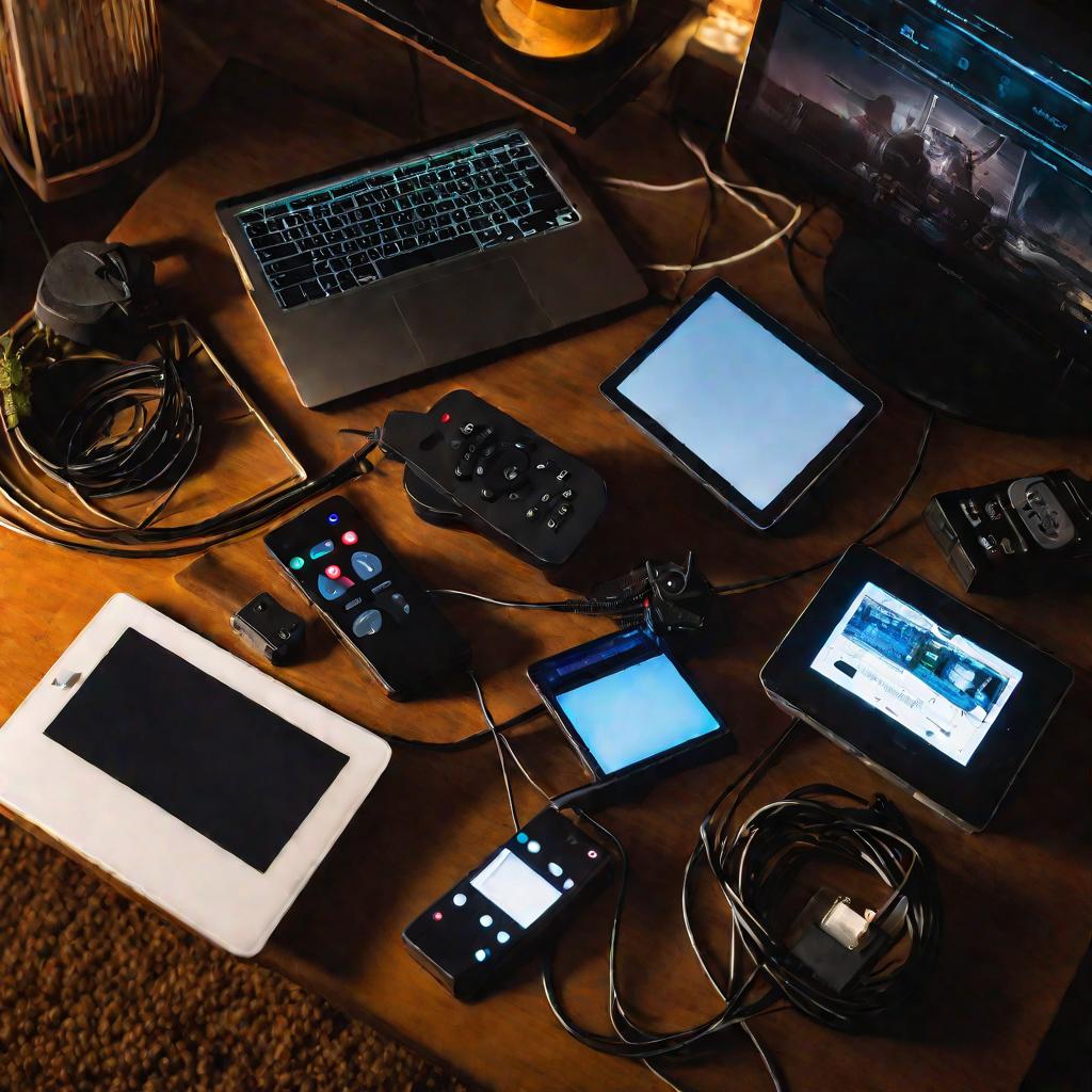 Вид сверху на различные электронные устройства на журнальном столике - пульт, сплиттер, передатчик HDMI, универсальный пульт