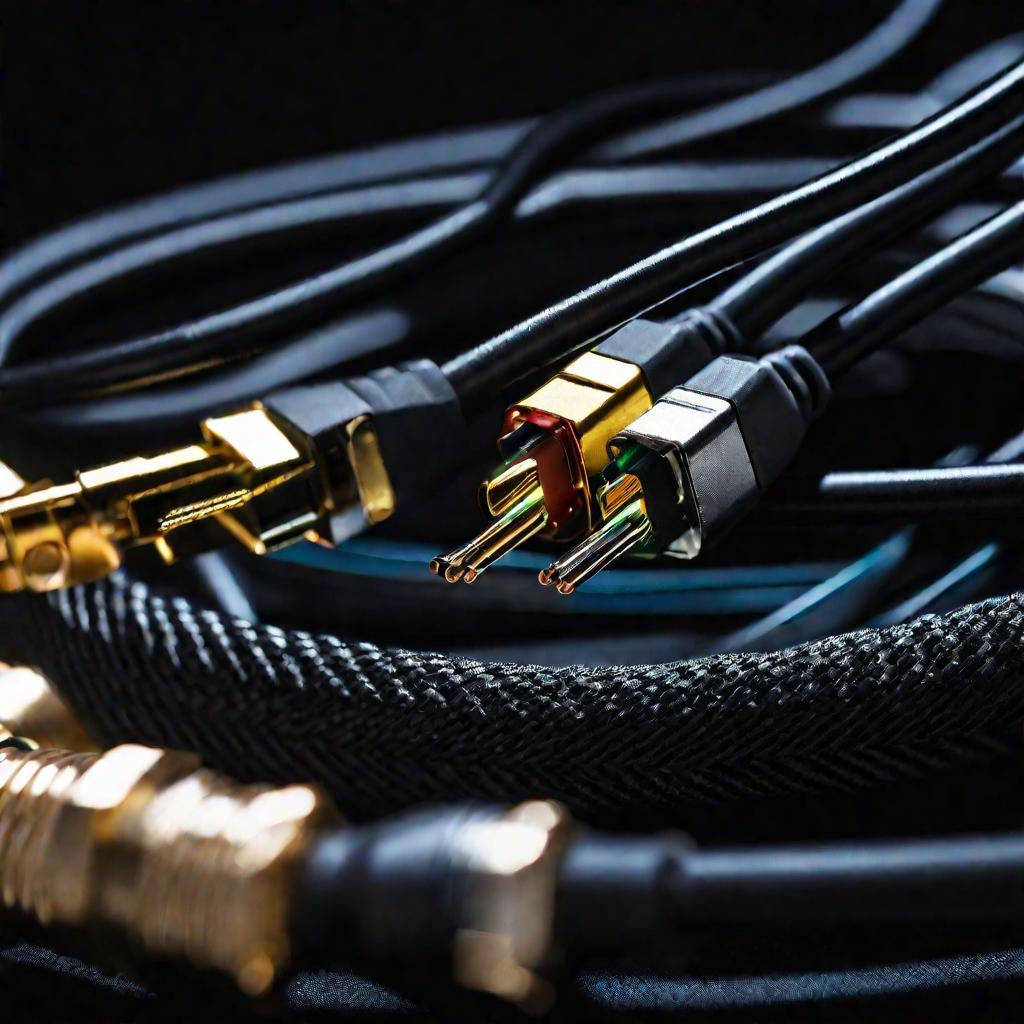 Крупный план коаксиальных и HDMI-кабелей, подключенных к спутниковому ресиверу