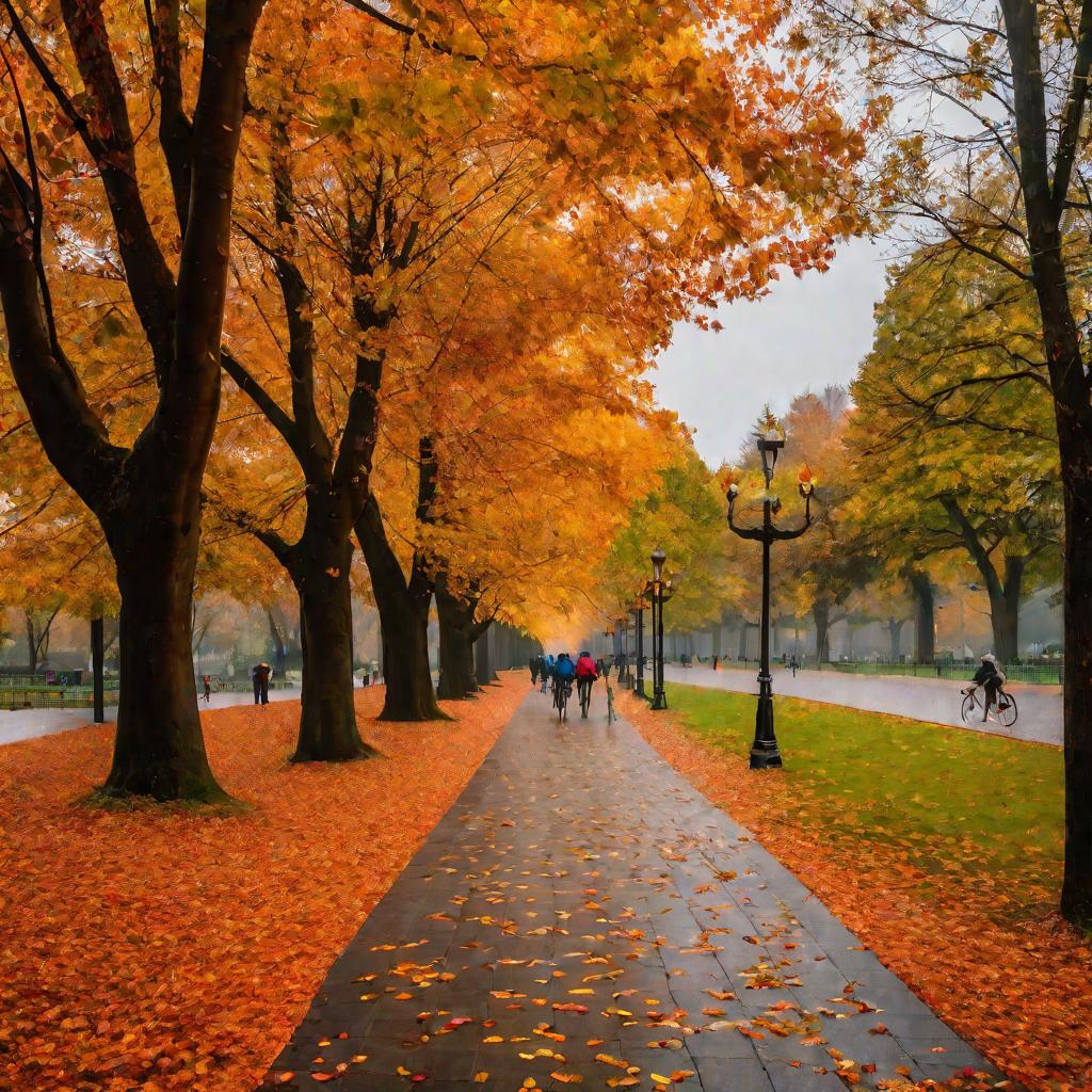 Люди гуляют по аллеям парка осенью.