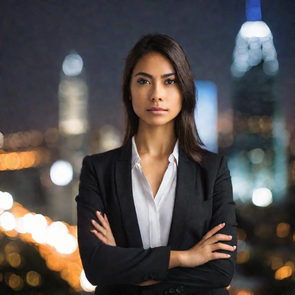 Портрет решительной деловой женщины на фоне города