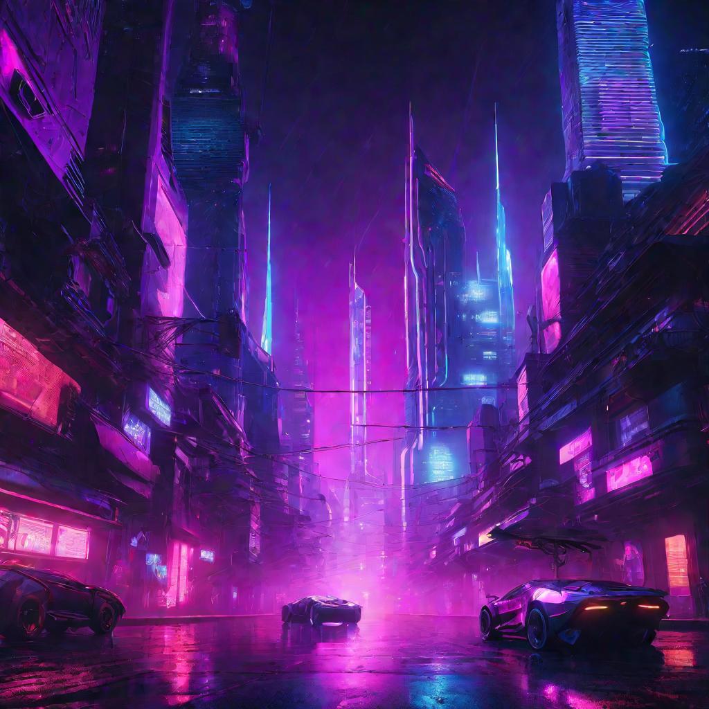 Ночной вид футуристичного неонового города в дождь из нижнего ракурса