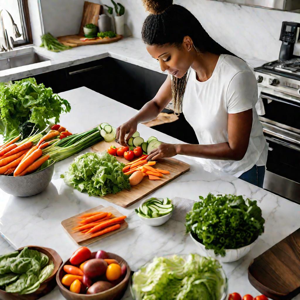 Женщина на светлой кухне нарезает овощи для салата.