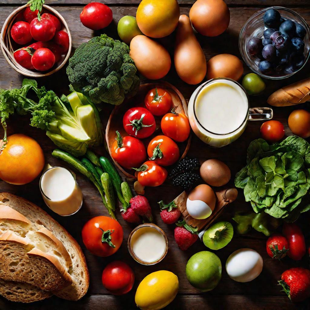 На столе аппетитно разложены свежие фрукты, овощи и другие продукты.