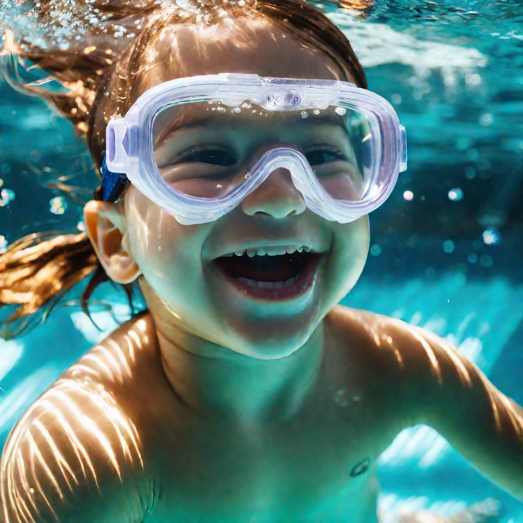 Ребенок плавает в бассейне с маской и доской