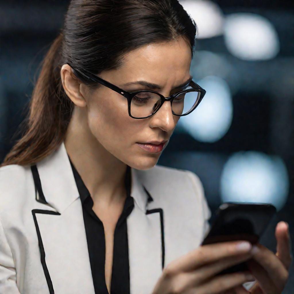 Портрет женщины лет 30 в офисной одежде, сосредоточенно смотрящей в смартфон.